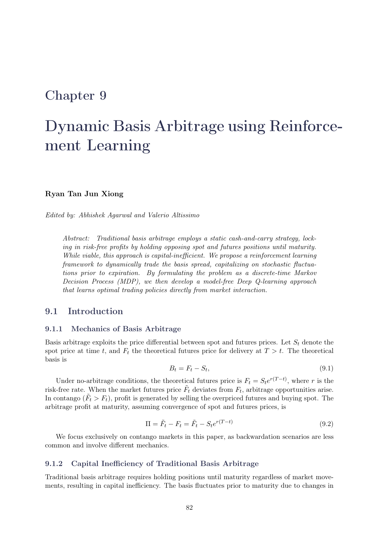 First page of Dynamic Basis Arbitrage using Reinforcement Learning