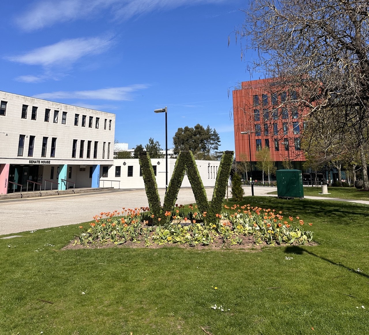 University of Warwick campus on a clear spring day